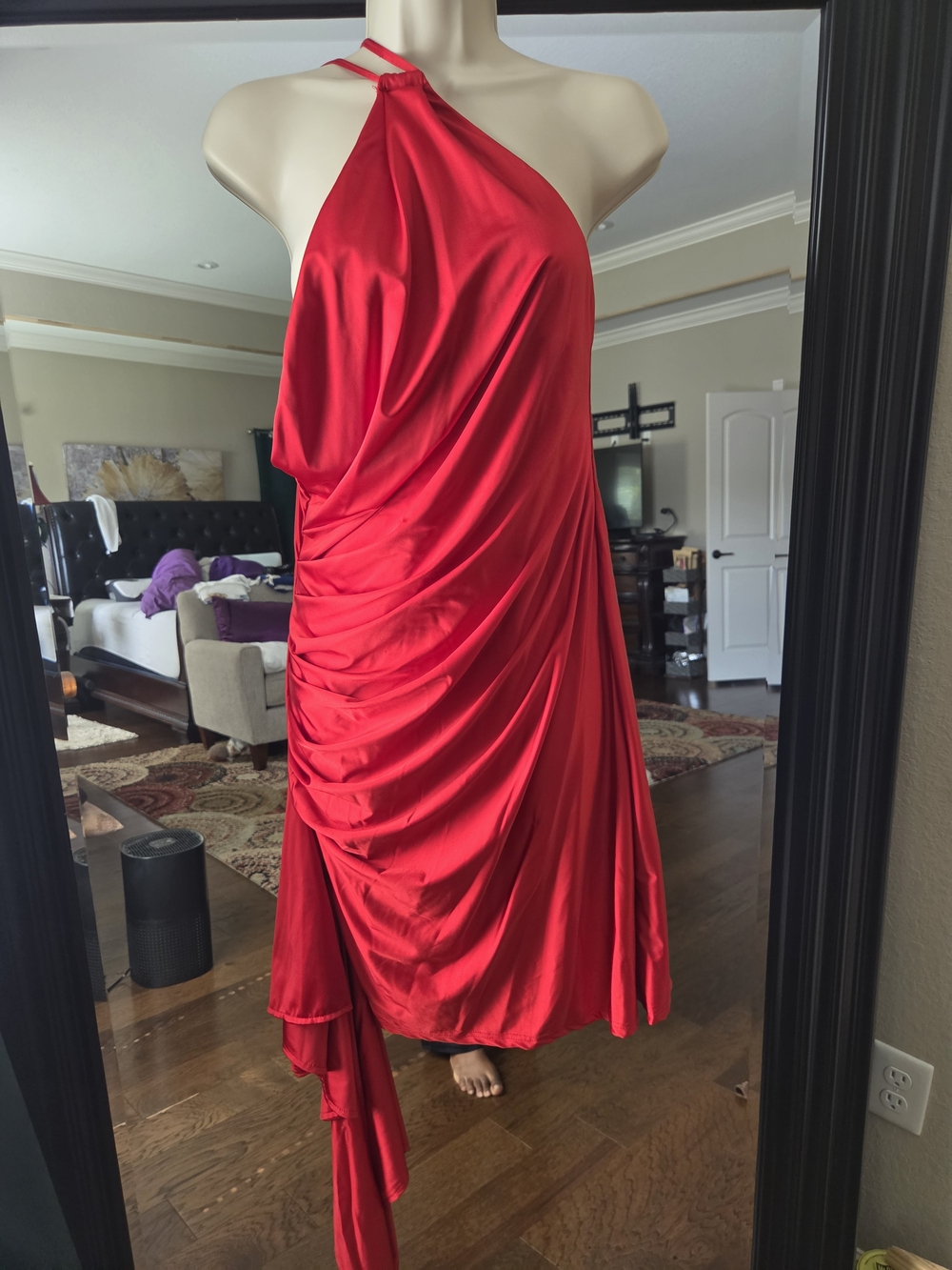 Red One-Shoulder Draped Evening Dress